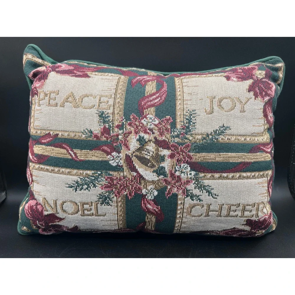 Vtg Tapestry Christmas Throw Pillows Set of 2 Peace Joy Noel Cheer Green 15x11